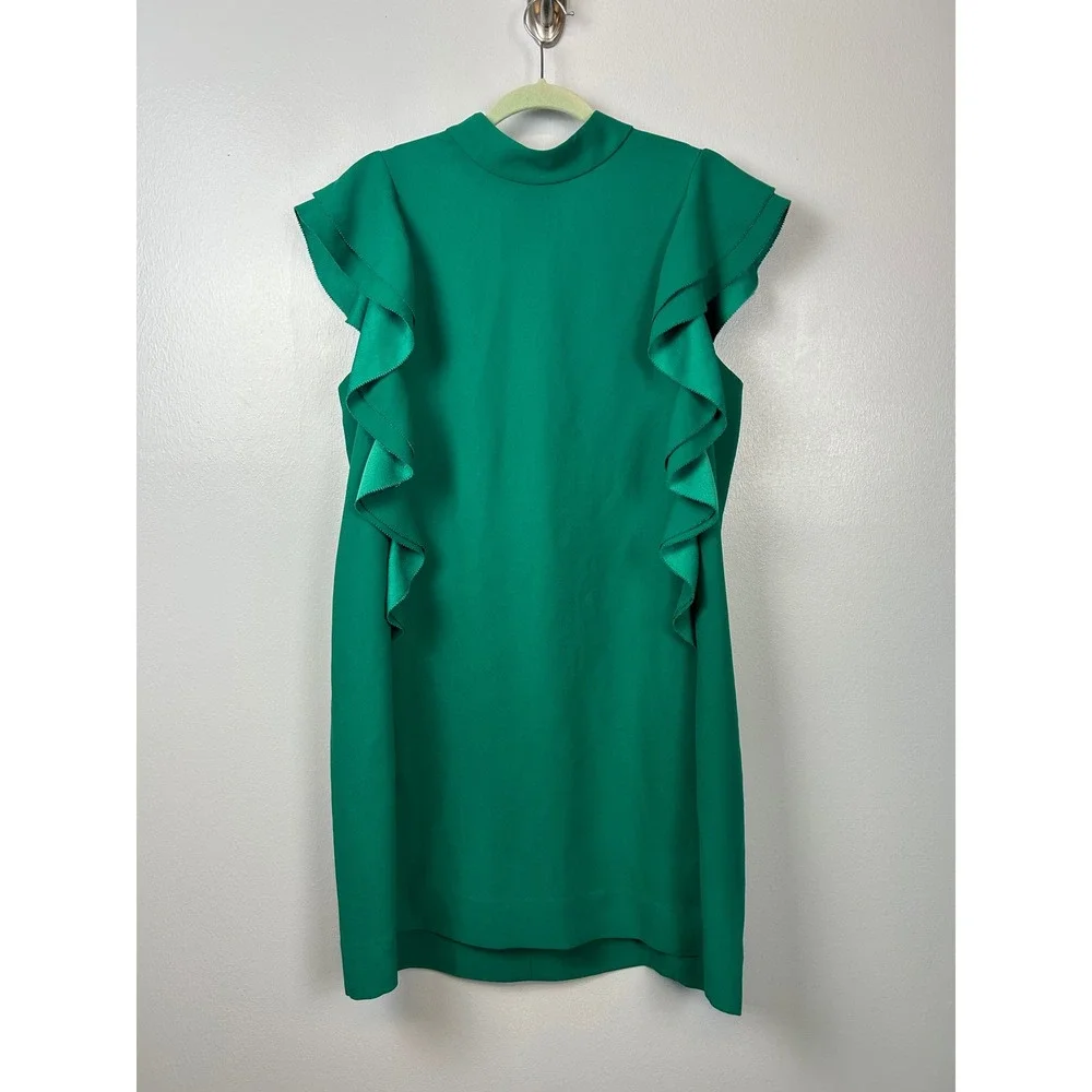 Kate Spade Emerald Green Ruffle‎ Shift Dress Size 14 Satin Crepe Flutter Sleeve